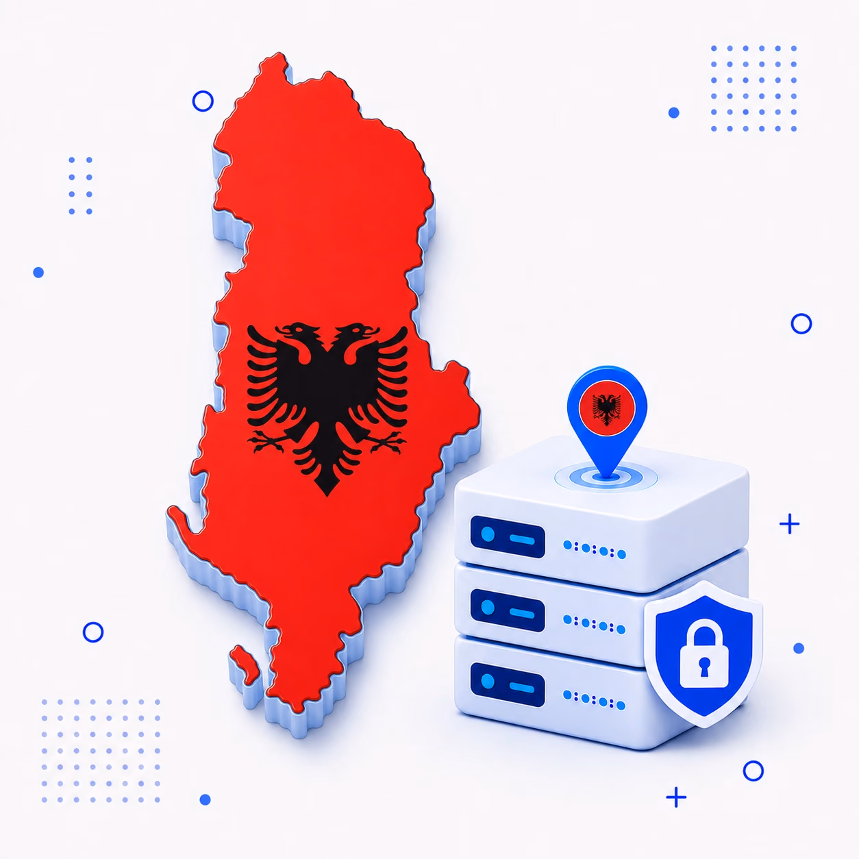 VPN for Albania 3D map of Albania in national flag colors beside encrypted VPN servers and a shield