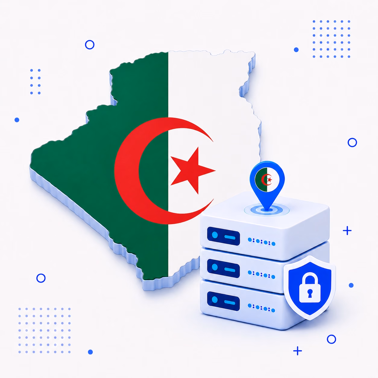 VPN for Algeria 3D Algeria map decorated with the Algerian flag beside secure VPN hardware