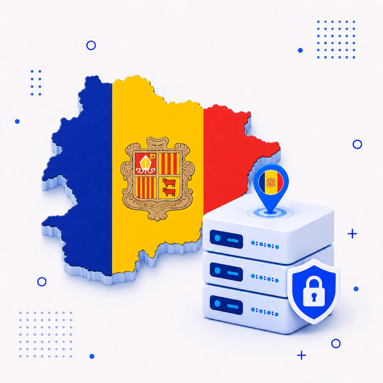 VPN for Andorra Three-dimensional Andorra map in flag colors with VPN server equipment and a lock shield