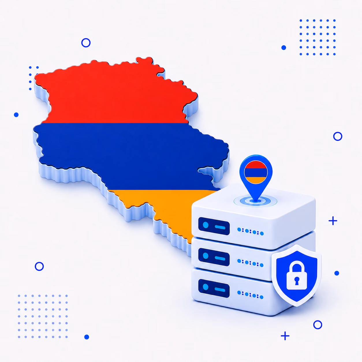 3D map of Armenia colored with the national flag next to secure VPN equipment