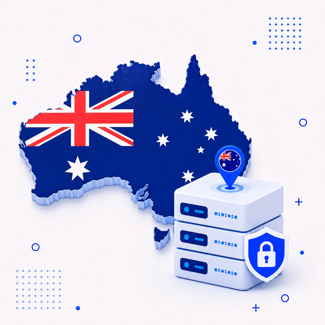 Three-dimensional Australian map with national flag colors and protected VPN servers
