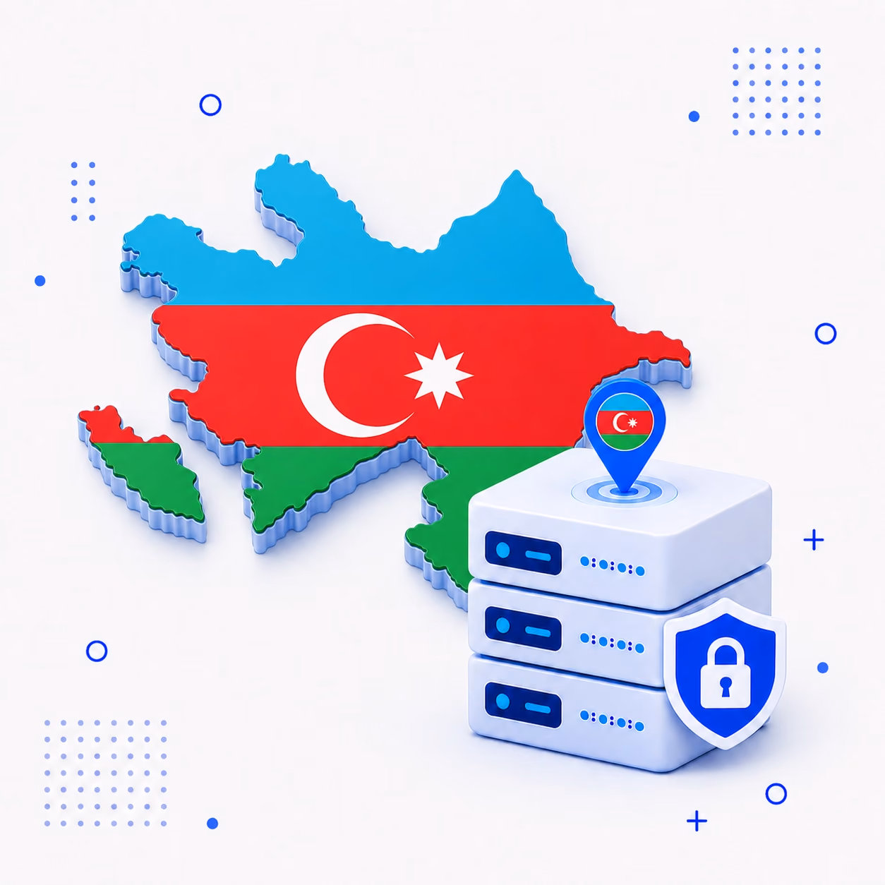 Three-dimensional map of Azerbaijan in national colors with secure VPN servers and a shield
