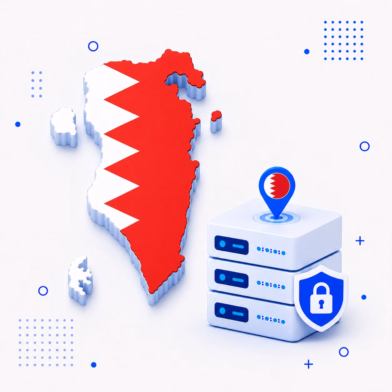 3D Bahrain map in red and white with secure VPN servers and a privacy shield