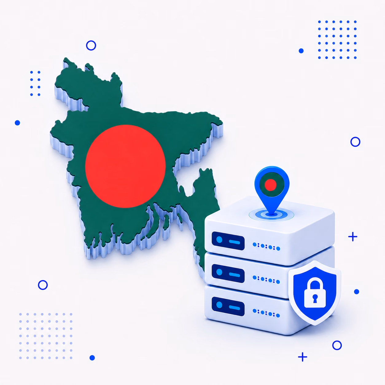 VPN for Bangladesh Three-dimensional Bangladesh map in green and red beside secure VPN servers
