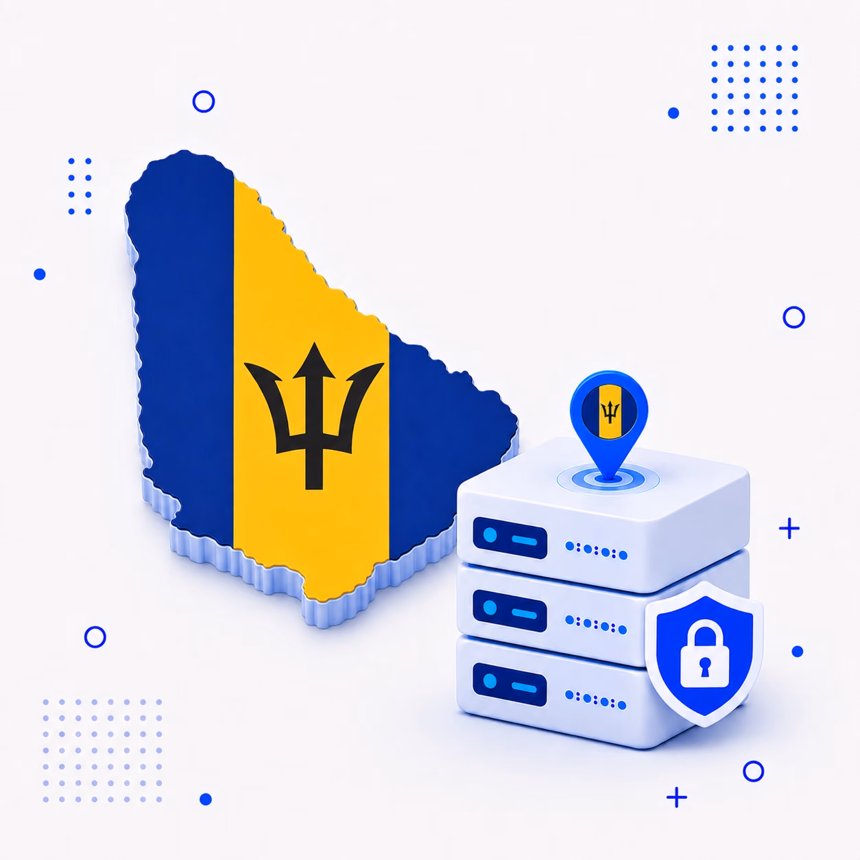 3D map of Barbados in blue and gold beside protected VPN servers and a lock