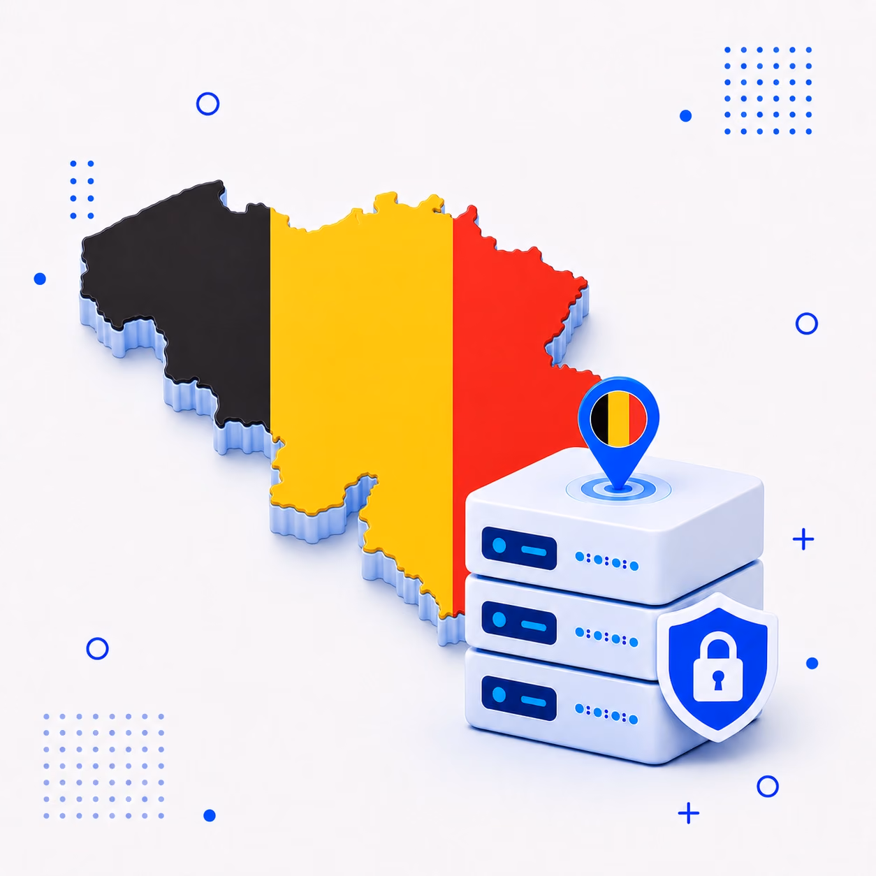 Three-dimensional map of Belgium in black yellow and red beside protected VPN server equipment