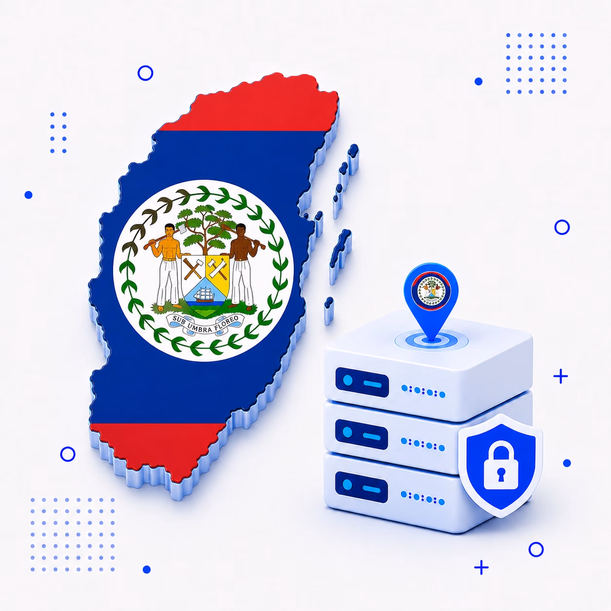 VPN for Belize Three-dimensional Belize map in national flag colors beside secure VPN servers and a privacy shield