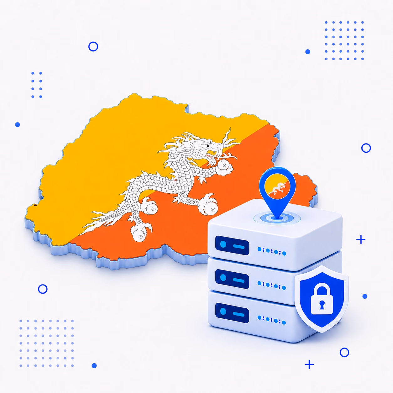VPN for Bhutan Three-dimensional Bhutan map in national colors next to encrypted VPN servers and a lock shield
