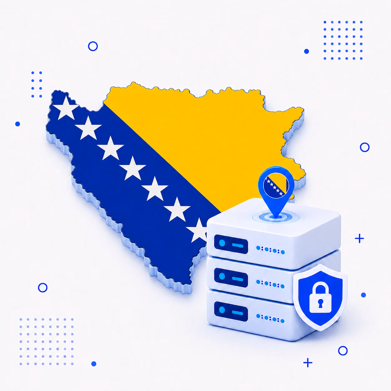 Three-dimensional map of Bosnia and Herzegovina in national colors beside secure VPN servers