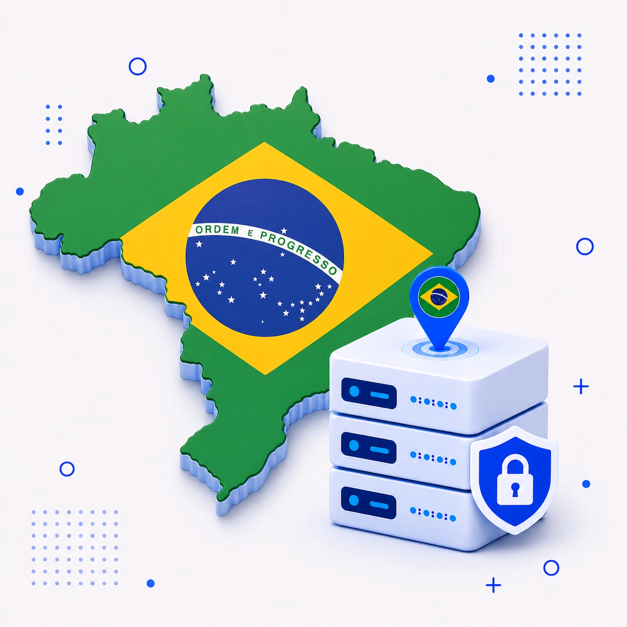 Three-dimensional map of Brazil in green yellow and blue beside encrypted VPN server equipment