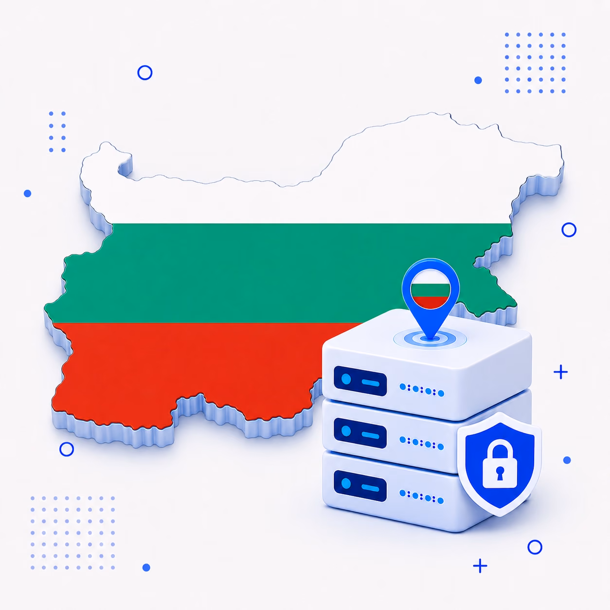 Three-dimensional Bulgaria map in white green and red beside encrypted VPN server equipment