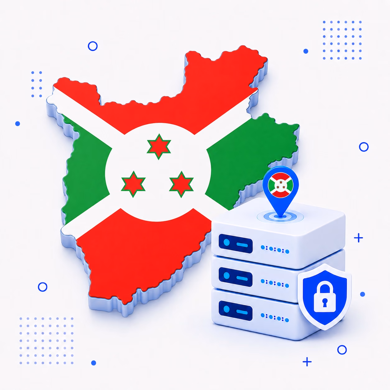 VPN for Burundi Three-dimensional Burundi map in national colors beside protected VPN server equipment