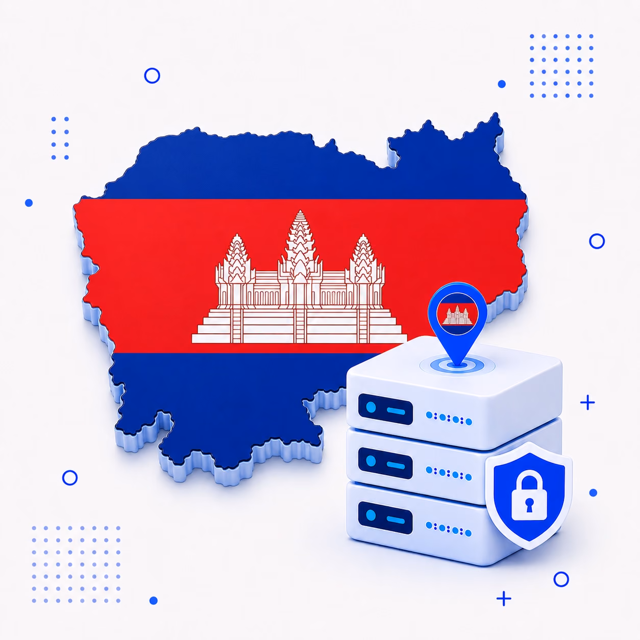 VPN for Cambodia Three-dimensional Cambodia map in blue and red beside encrypted VPN servers and a privacy shield