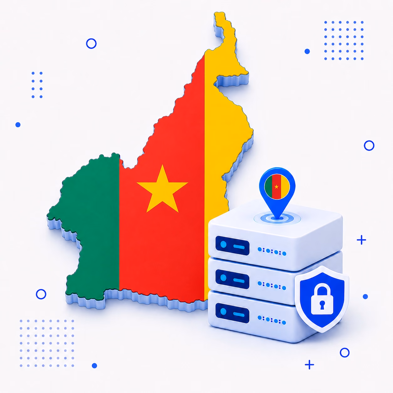VPN for Cameroon Three-dimensional Cameroon map in green red and yellow beside protected VPN server hardware
