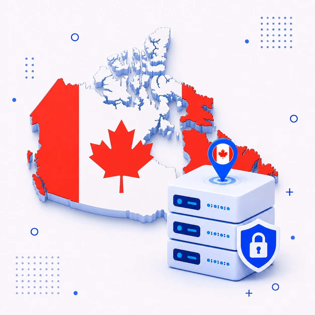 VPN for Canada Three-dimensional map of Canada in red and white beside secure VPN servers and a shield