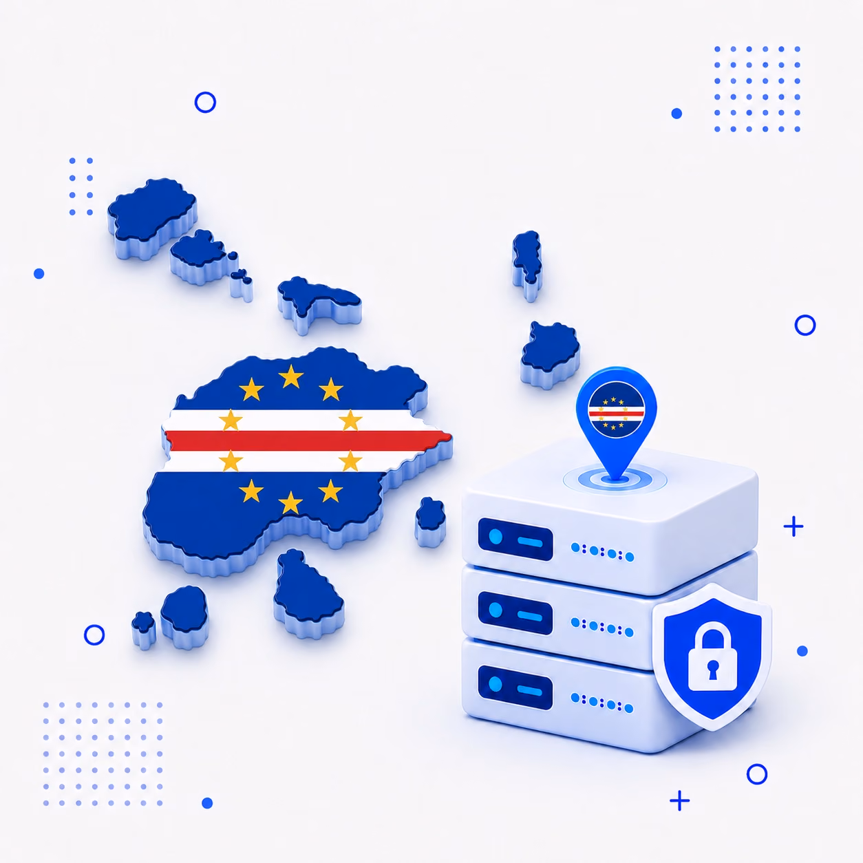 VPN for Cape Verde Three-dimensional Cape Verde islands in national colors beside protected VPN server equipment