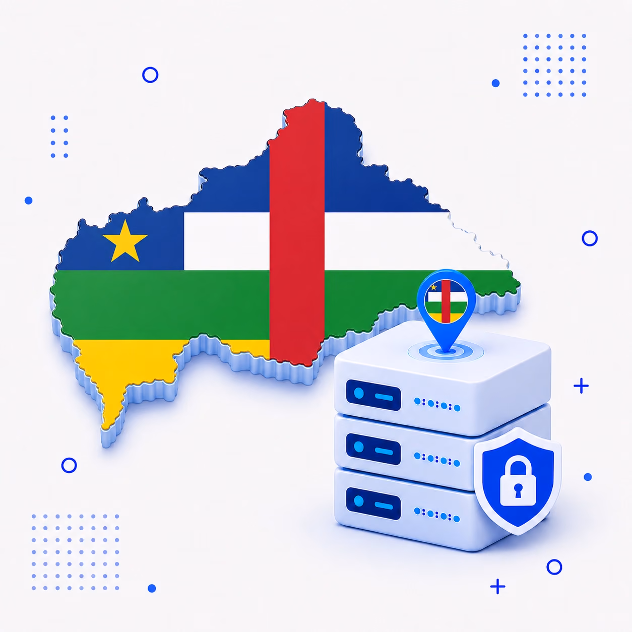 VPN for Central African Republic Three-dimensional Central African Republic map in national flag colors beside secure VPN servers