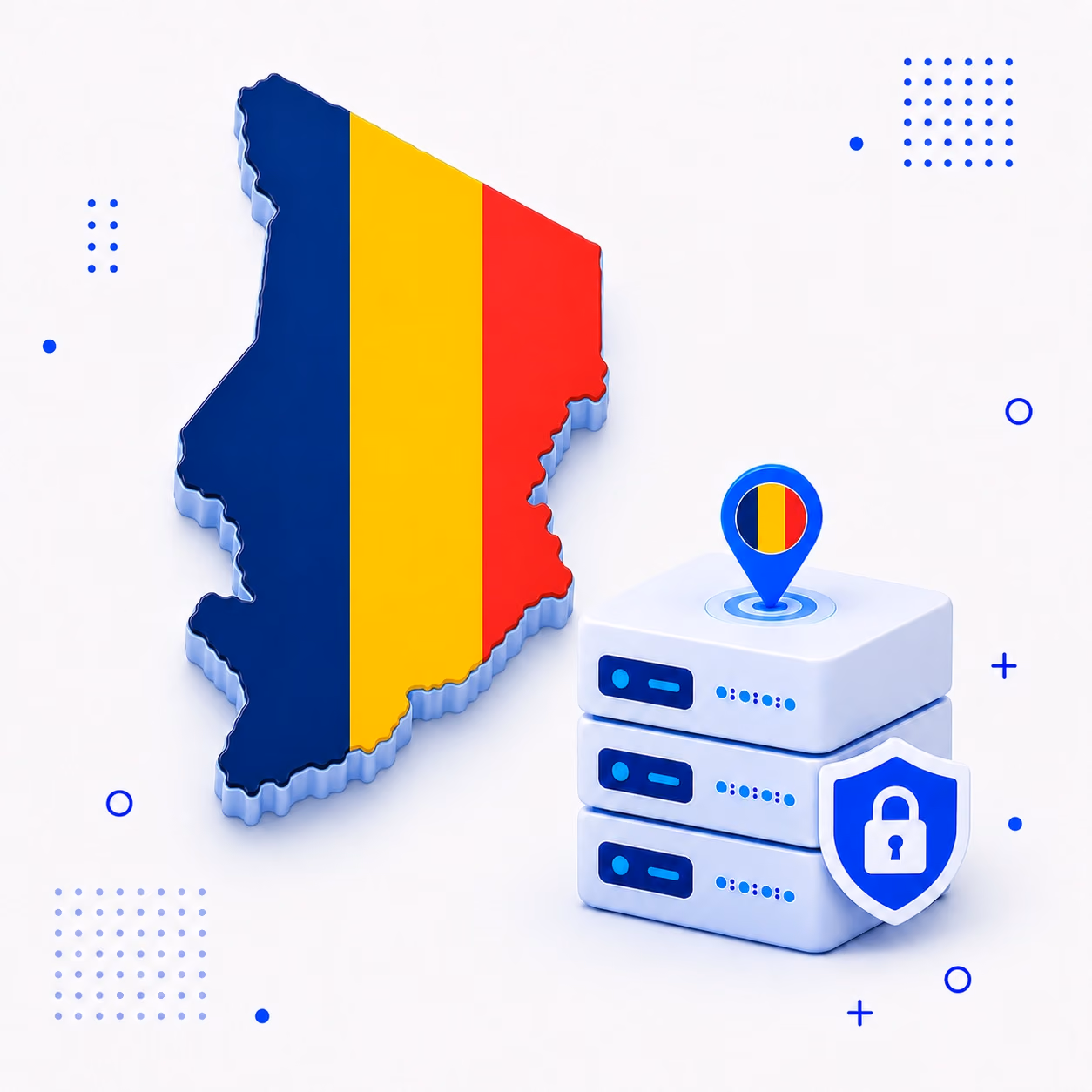 Three-dimensional Chad map in blue yellow and red beside encrypted VPN server equipment