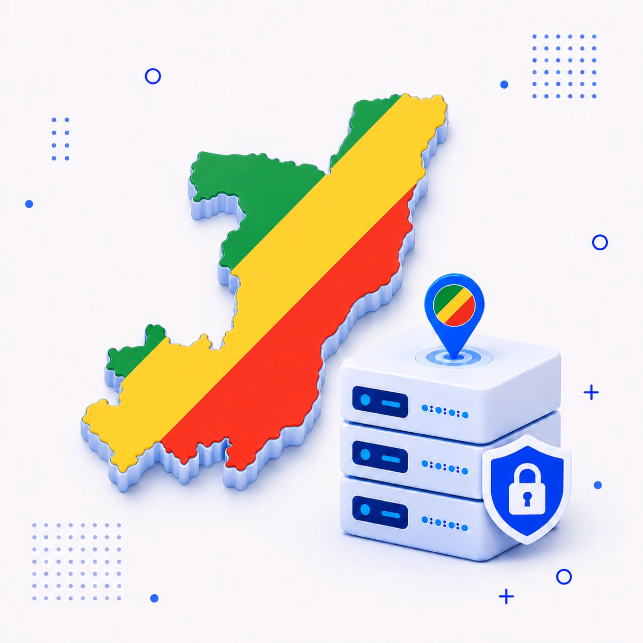 VPN for Congo Three-dimensional Congo map in green yellow and red beside encrypted VPN servers