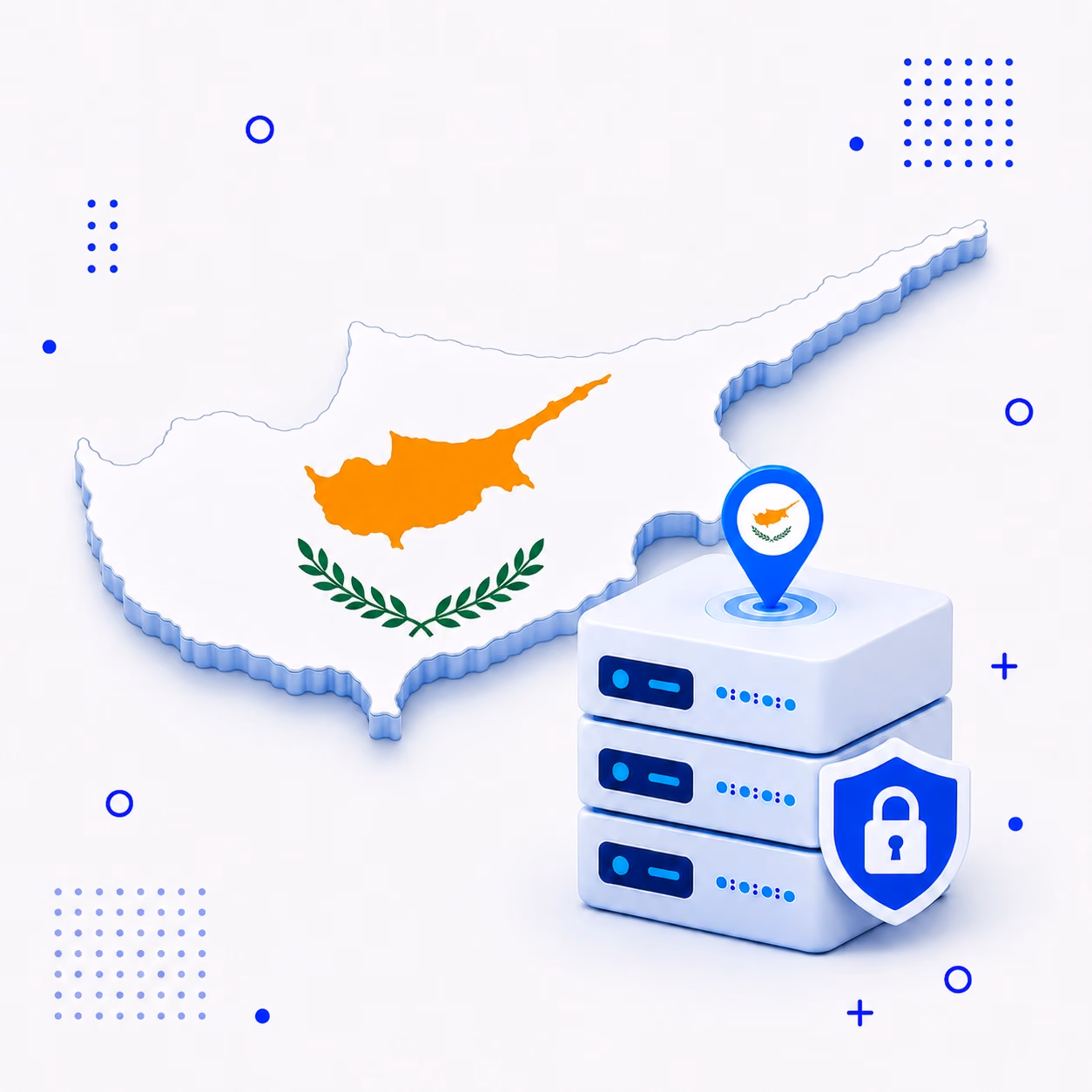 Three-dimensional map of Cyprus in national flag colors beside secure VPN servers and a privacy shield