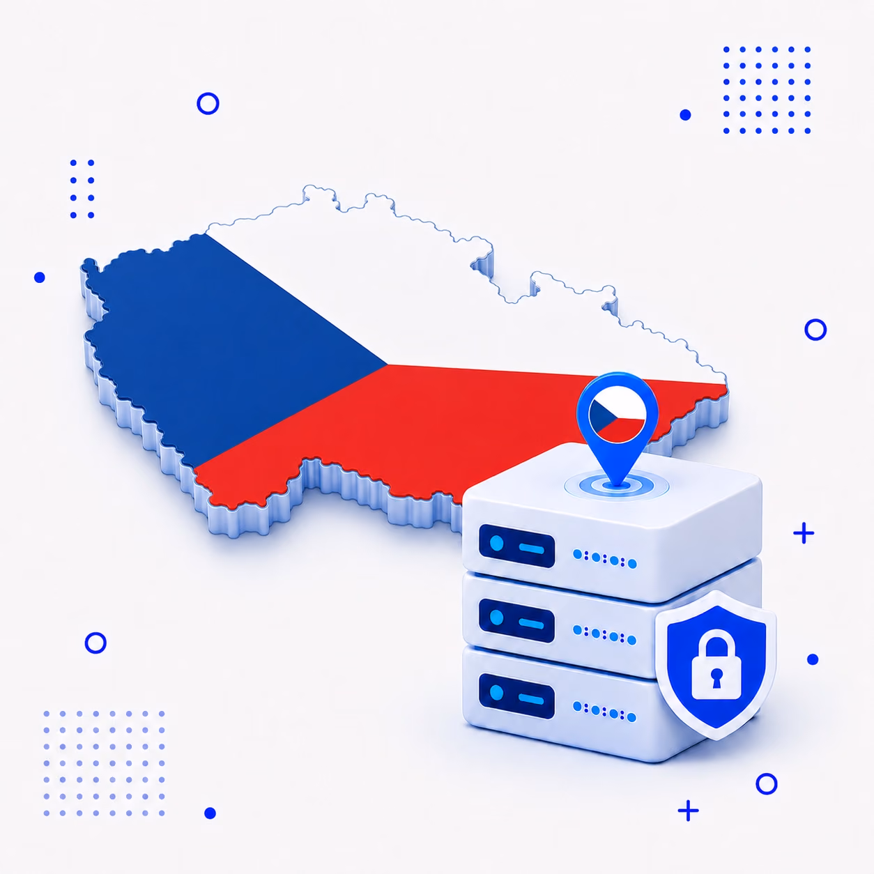 VPN for Czechia Three-dimensional map of Czechia in red white and blue beside encrypted VPN server hardware