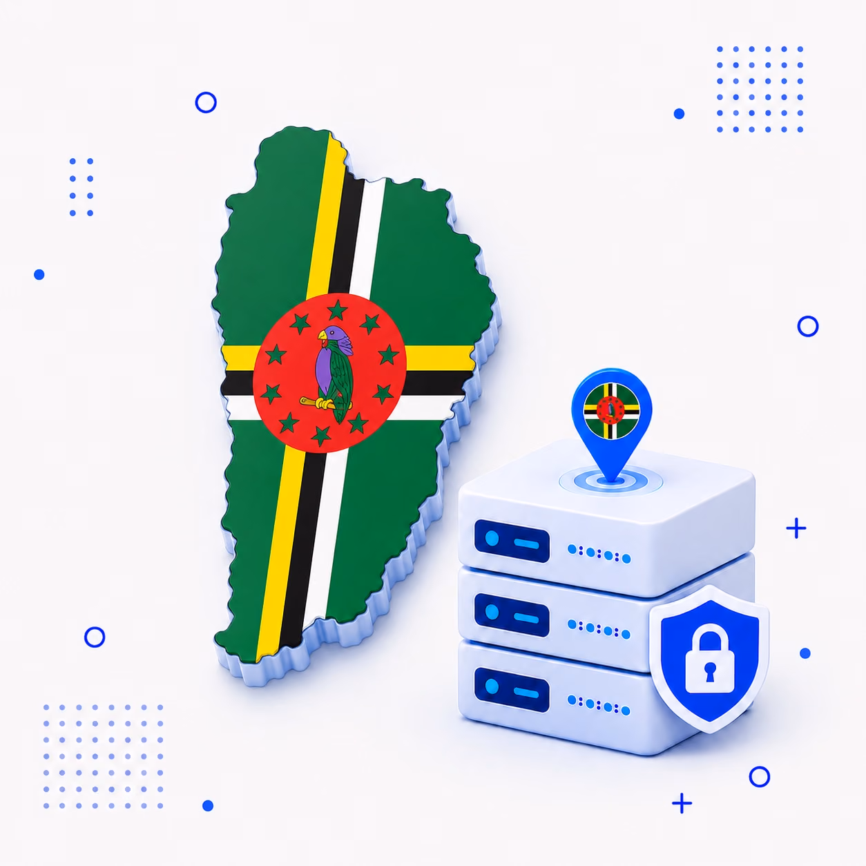 VPN for Dominica Three-dimensional map of Dominica in green yellow black white and red beside protected VPN server hardware