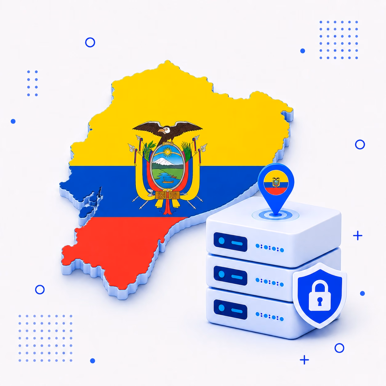 Three-dimensional map of Ecuador in yellow blue and red beside secure white VPN servers and a blue shield