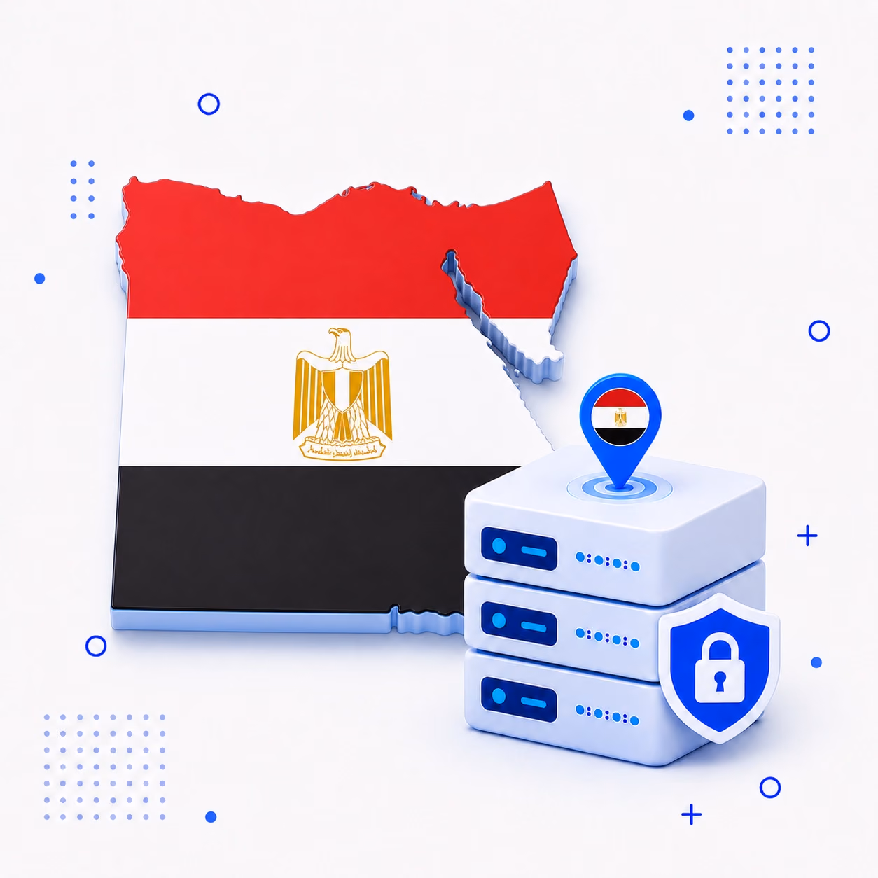 Three-dimensional map of Egypt in red white and black beside encrypted VPN server equipment and a privacy shield