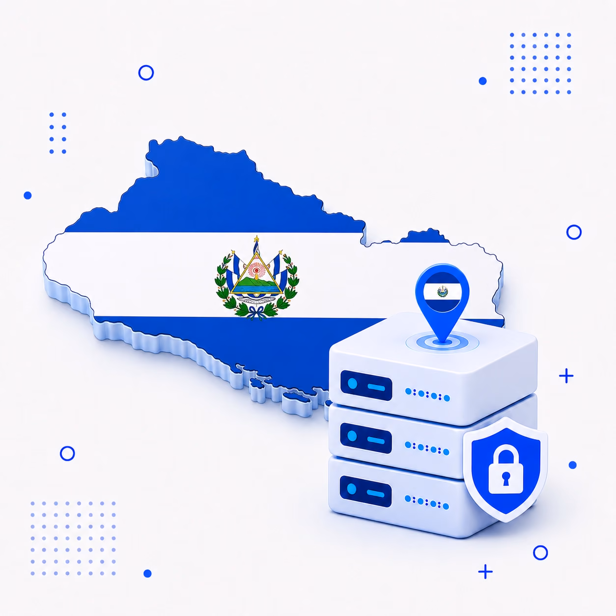 VPN for El Salvador Three-dimensional map of El Salvador in blue and white beside secure VPN servers and a privacy shield