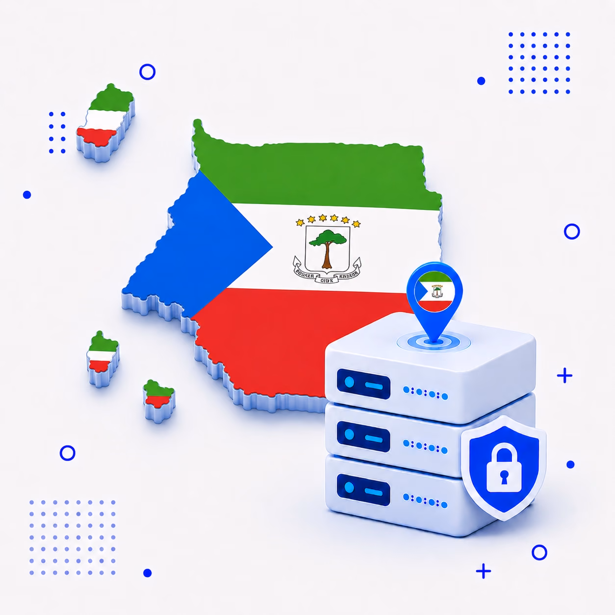 VPN for Equatorial Guinea Three-dimensional map of Equatorial Guinea in green white red and blue beside protected VPN server equipment