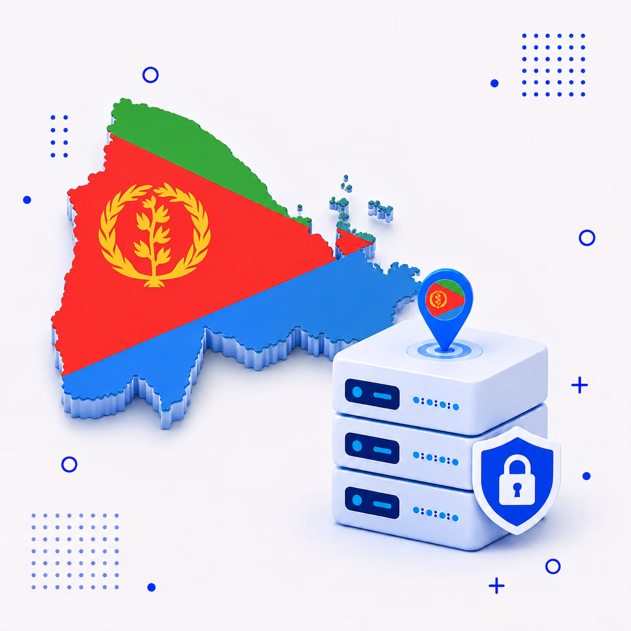 VPN for Eritrea Three-dimensional map of Eritrea in red green and blue beside secure VPN servers and a shield