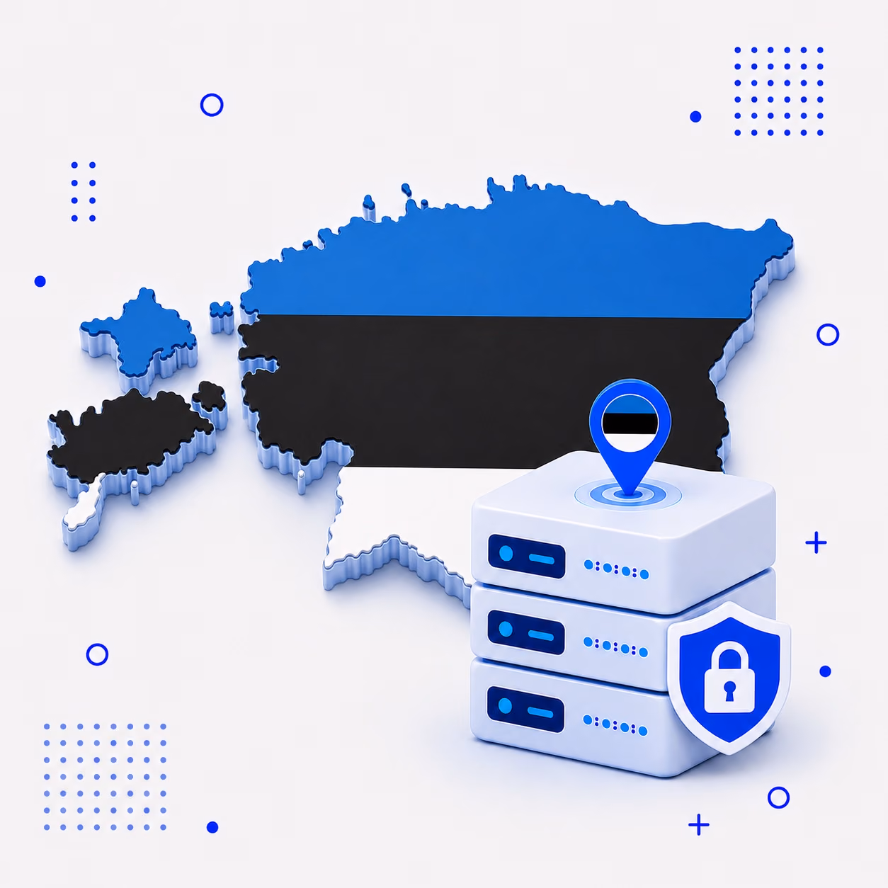 VPN for Estonia Three-dimensional map of Estonia in blue black and white beside protected VPN server equipment