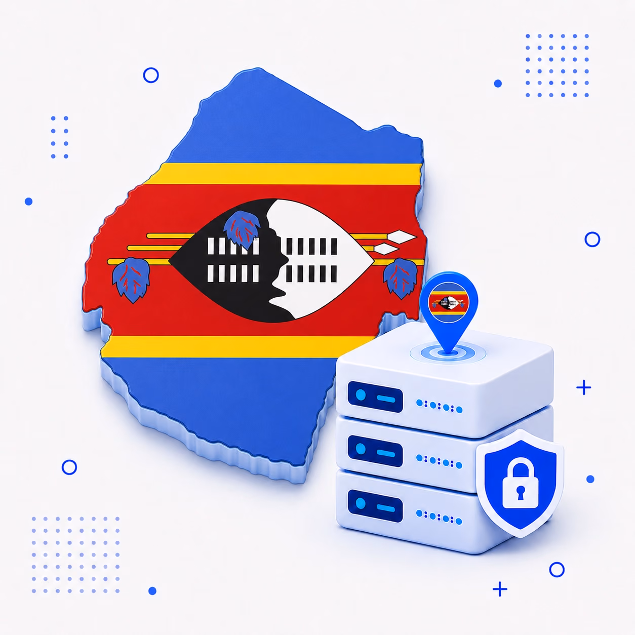 Three-dimensional map of Eswatini in blue red yellow black and white beside secure VPN servers