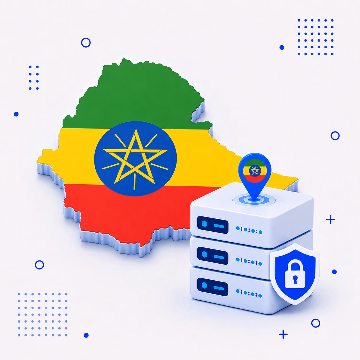 VPN for Ethiopia Three-dimensional map of Ethiopia in green yellow and red beside protected VPN servers and a blue shield