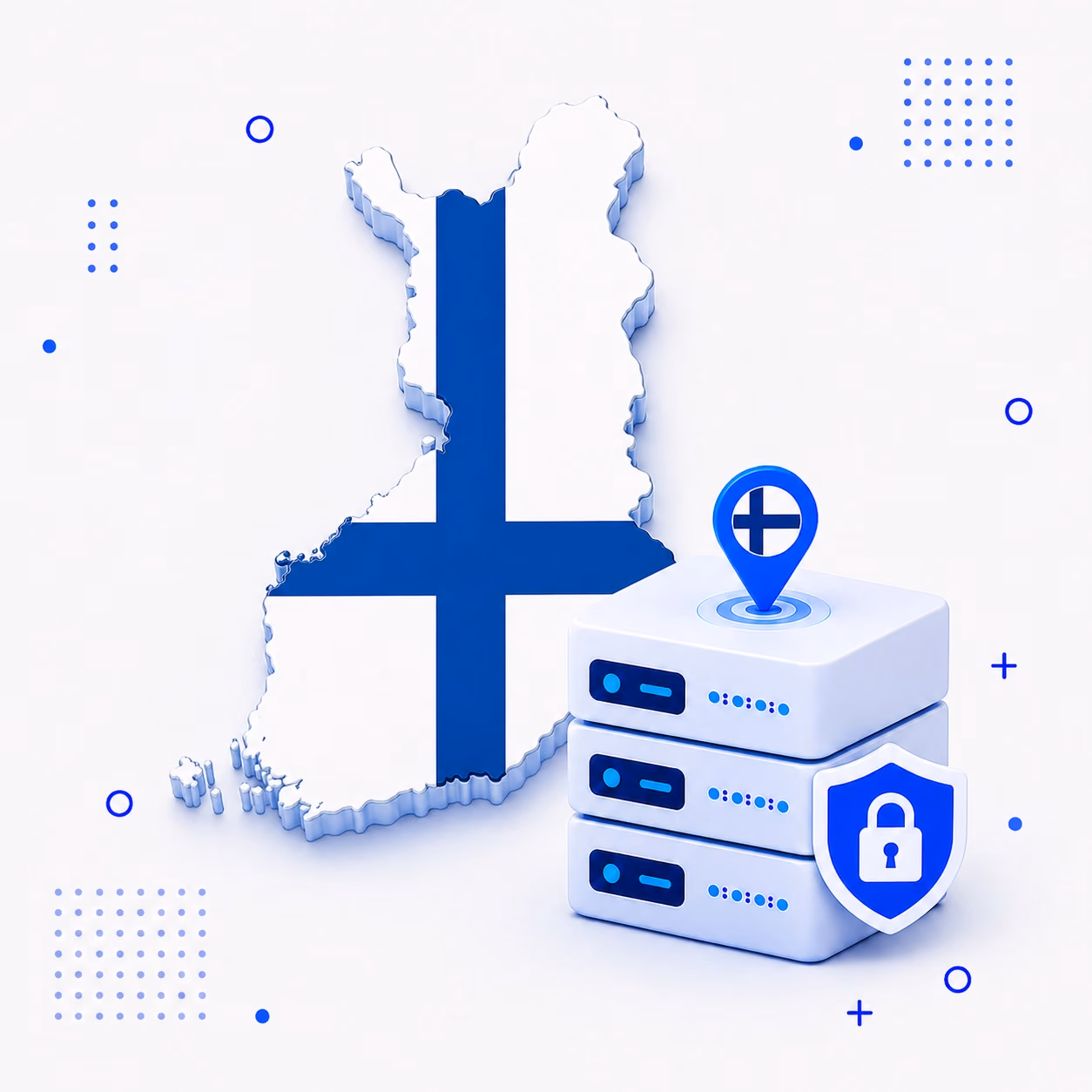VPN for Finland Three-dimensional map of Finland in blue and white beside protected VPN servers and a lock shield