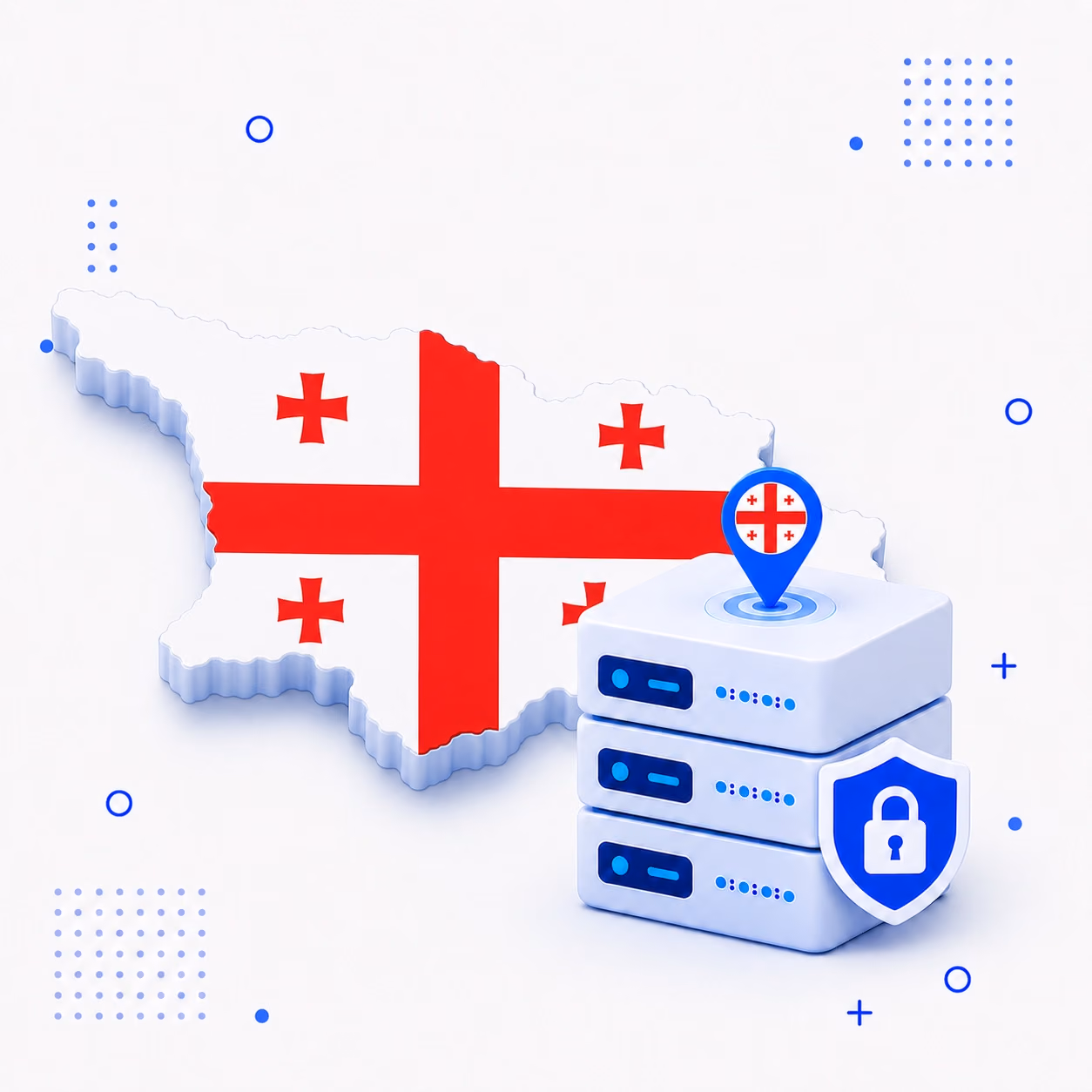 Three-dimensional map of Georgia in white and red beside secure VPN servers and a blue privacy shield