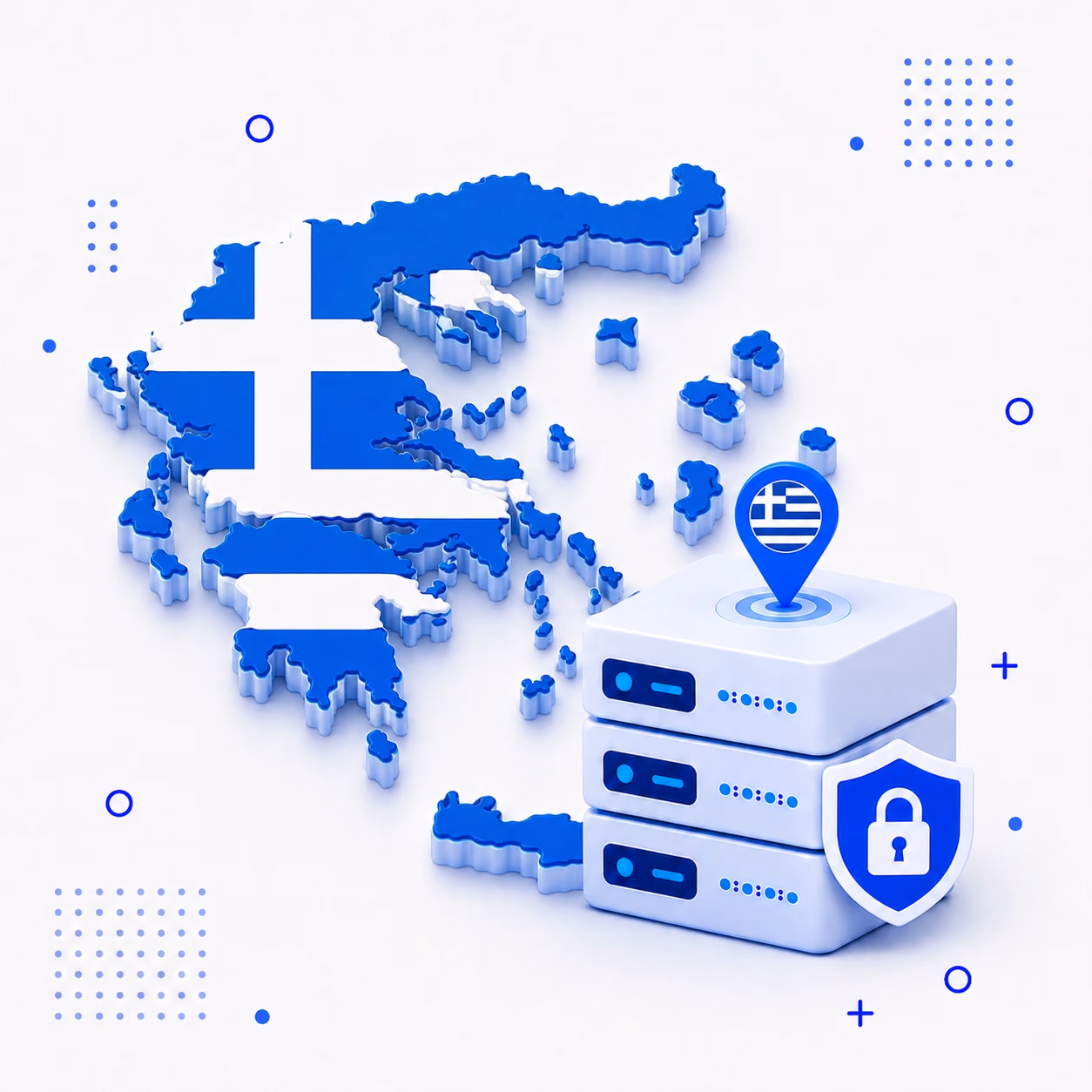 VPN for Greece Three-dimensional map of Greece in blue and white beside secure VPN servers and a lock shield