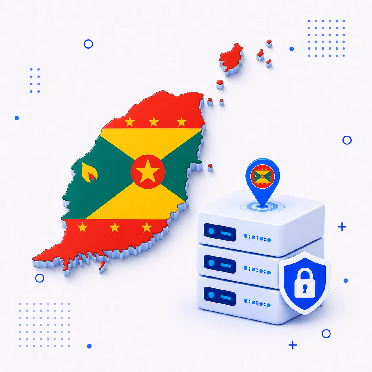 VPN for Grenada Three-dimensional map of Grenada in red yellow and green beside protected VPN servers and a blue lock shield