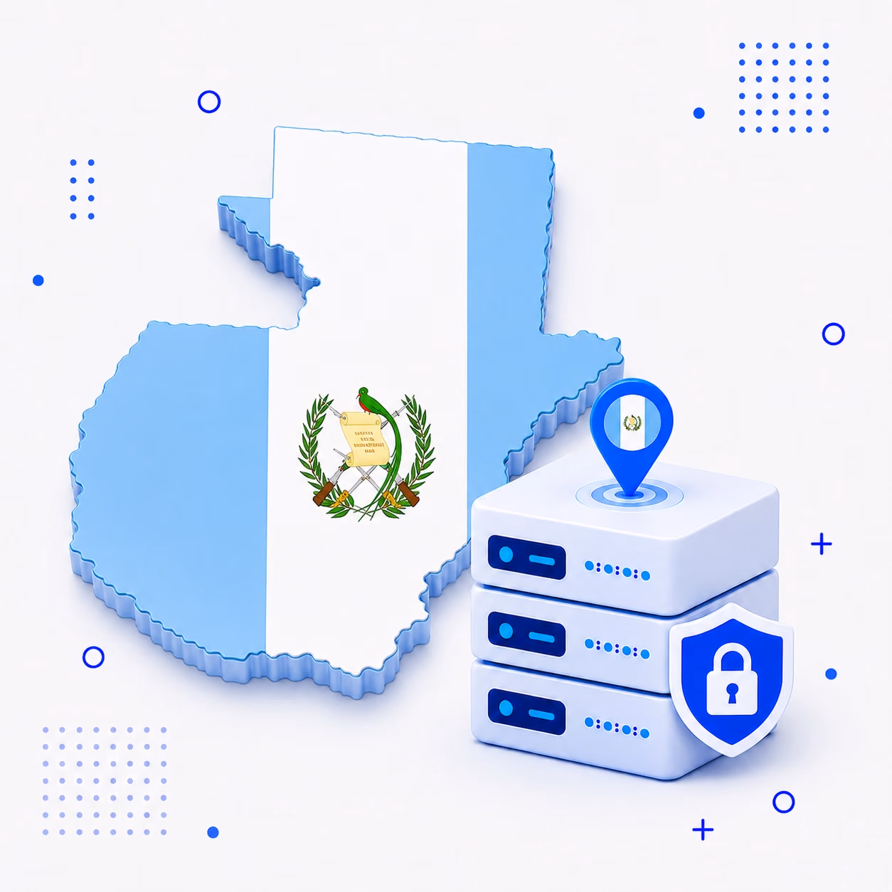 VPN for Guatemala Three-dimensional map of Guatemala in blue and white beside secure VPN servers and a privacy shield