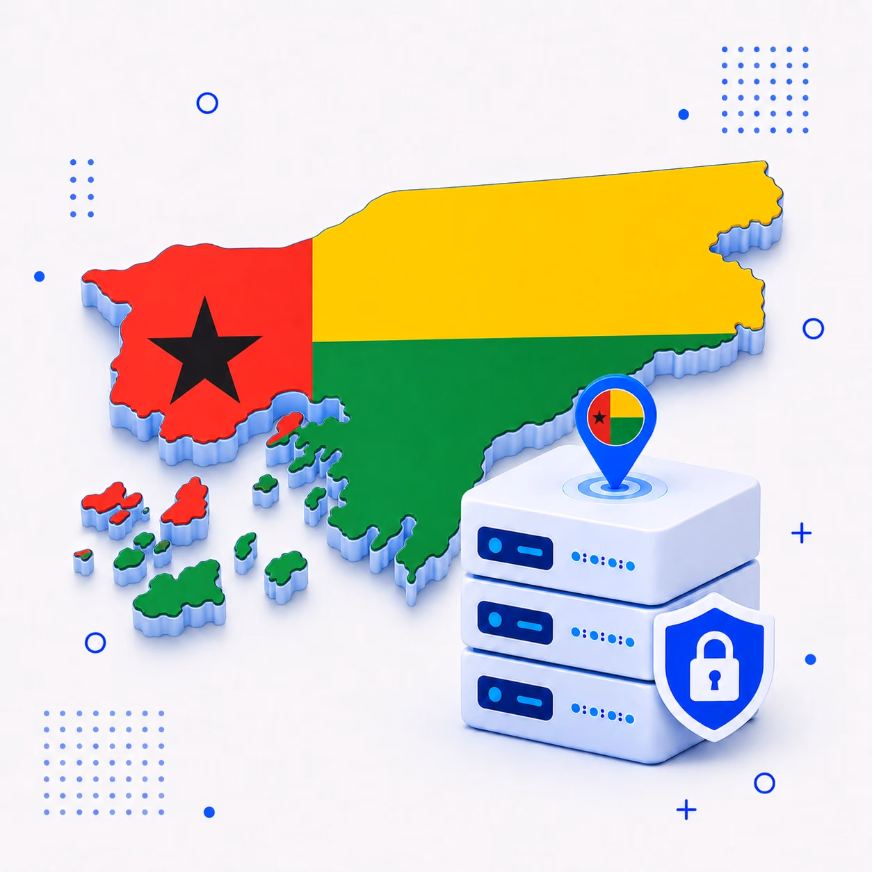 Three-dimensional map of Guinea-Bissau in red yellow green and black beside secure VPN servers and a privacy shield