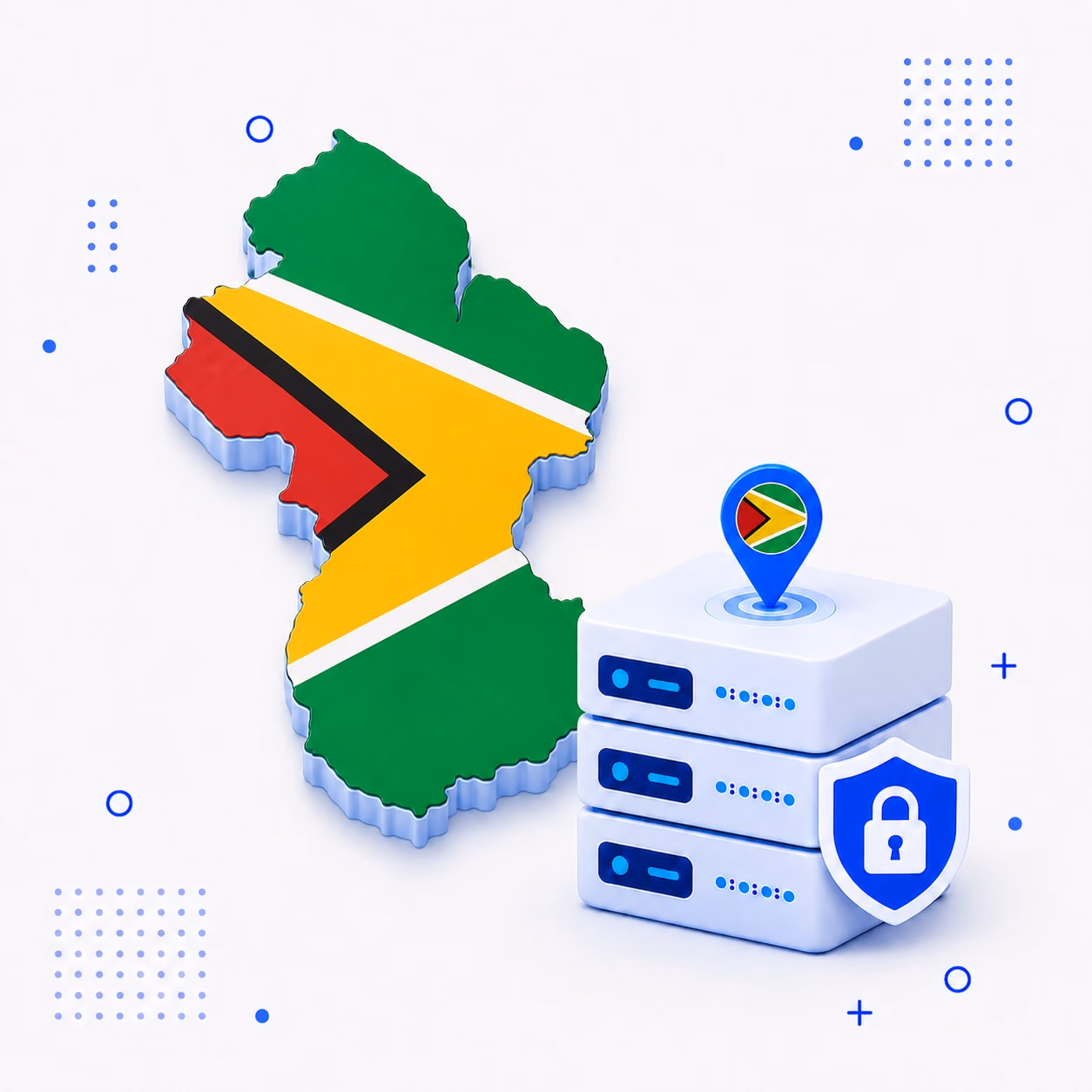 Three-dimensional map of Guyana in green yellow red black and white beside protected VPN servers and a blue shield