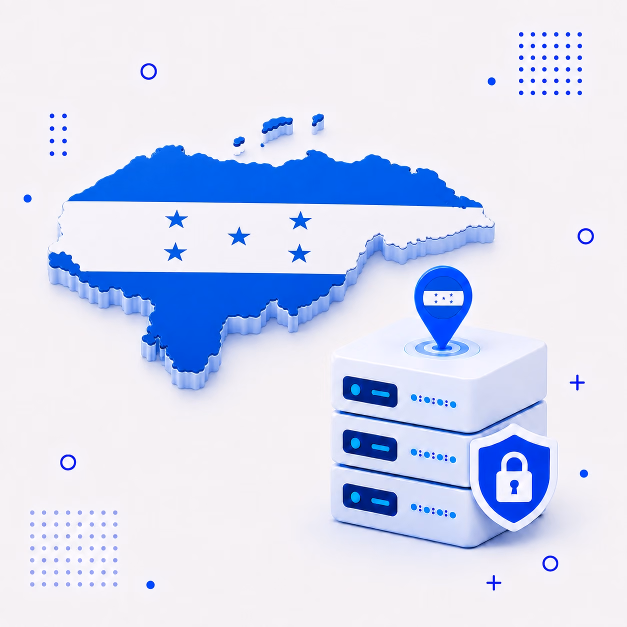 VPN for Honduras Three-dimensional map of Honduras in blue and white beside secure VPN servers and a lock shield