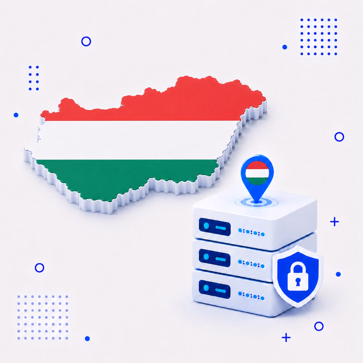 Three-dimensional map of Hungary in red white and green beside protected VPN servers and a blue shield