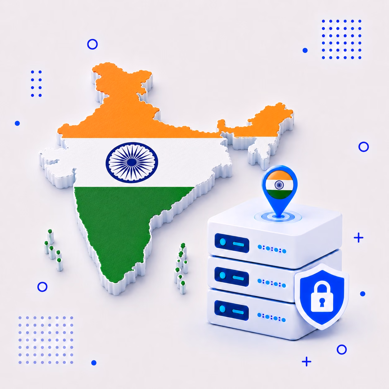 VPN for India Three-dimensional map of India in saffron white green and blue beside protected VPN servers and a privacy shield