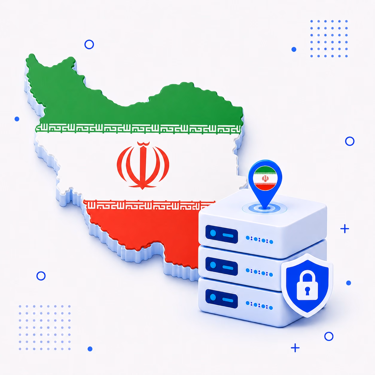 VPN for Iran Three-dimensional map of Iran in green white and red beside secure VPN servers and a lock shield