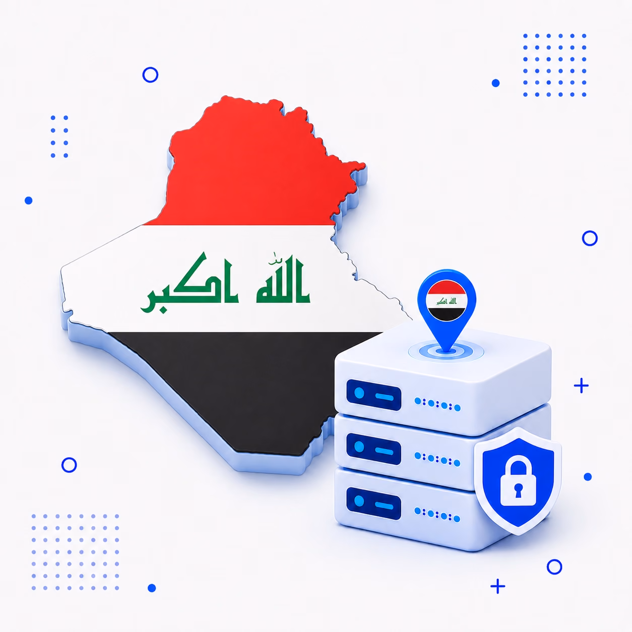VPN for Iraq Three-dimensional map of Iraq in red white black and green beside protected VPN servers and a blue shield