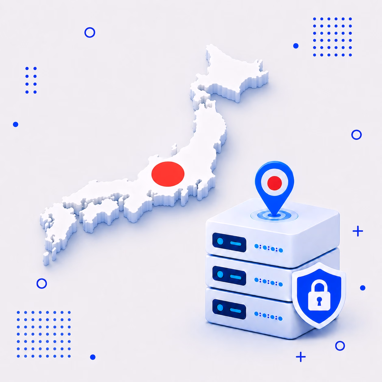 VPN for Japan 3D map of Japan in national flag colors beside protected VPN servers