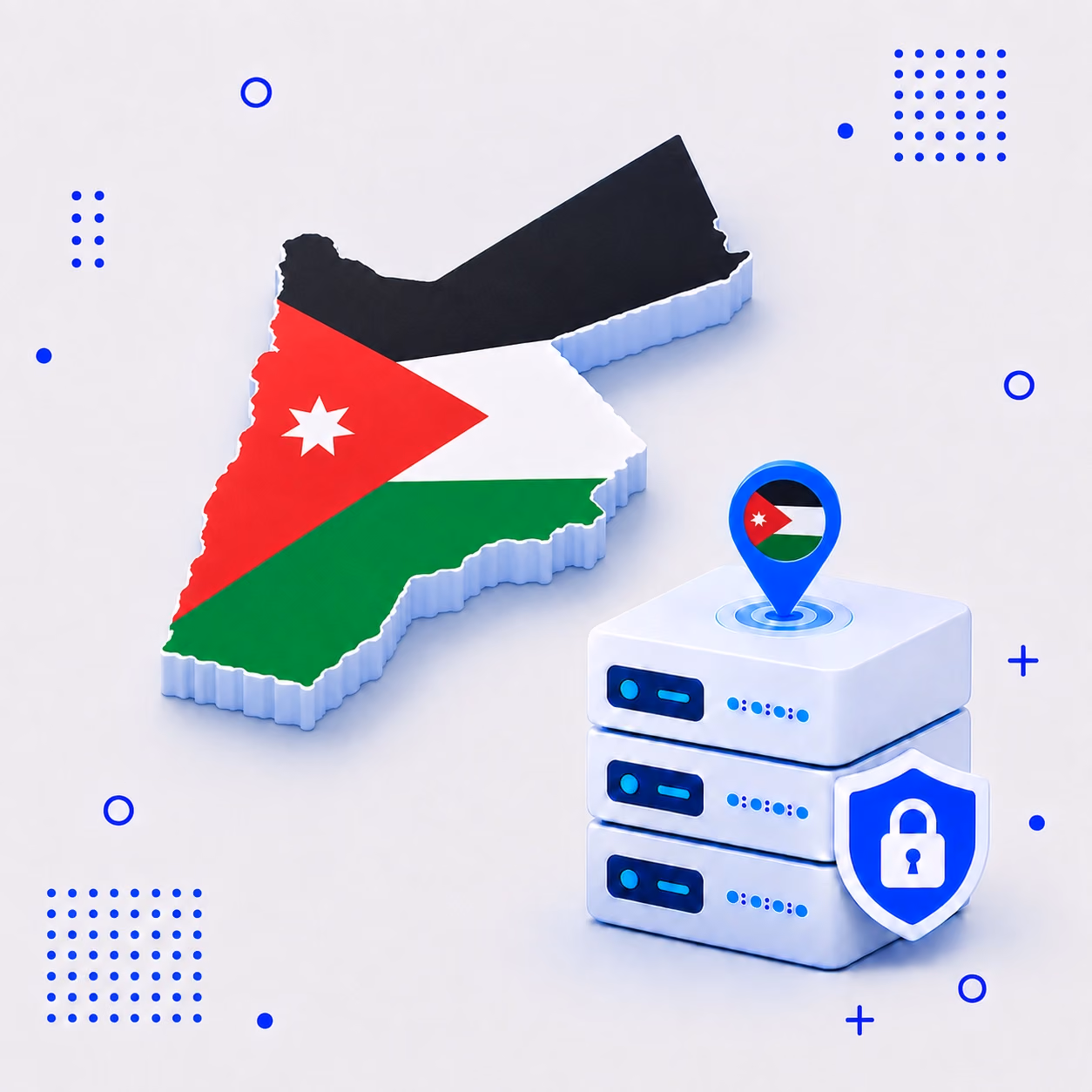 VPN for Jordan 3D map of Jordan in national flag colors beside secure VPN servers and a lock shield