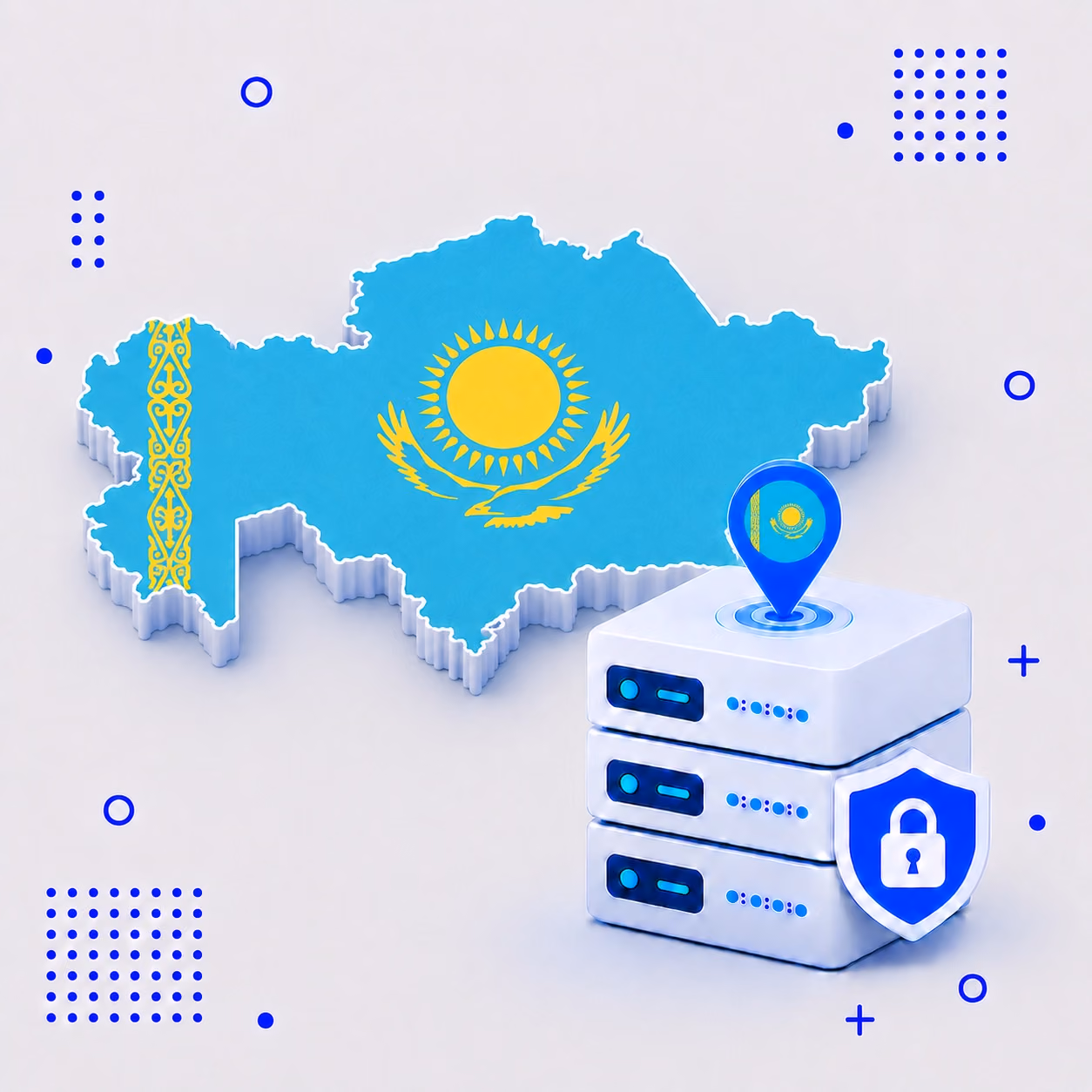VPN for Kazakhstan 3D map of Kazakhstan in national flag colors with VPN servers and a privacy shield