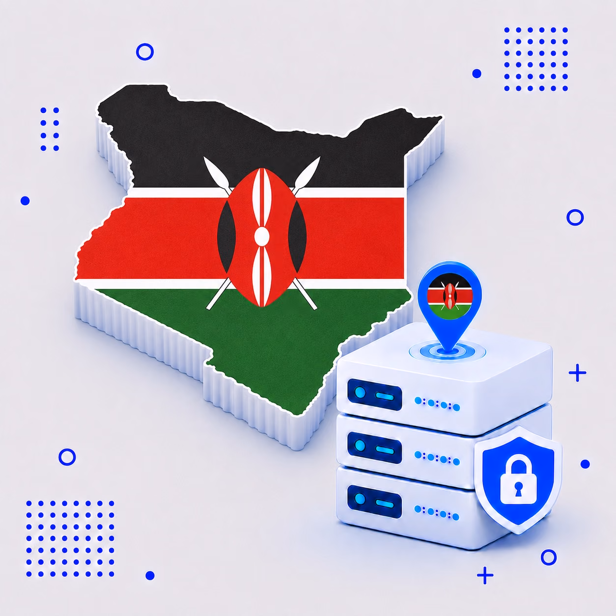 3D map of Kenya in national flag colors beside encrypted VPN infrastructure